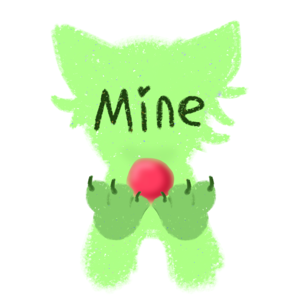 A simple, green, cartoon creature with the word 'Mine' on its face. It has a childlike, crayon-drawn style with rounded edges. The creature is holding a red ball in both paws.